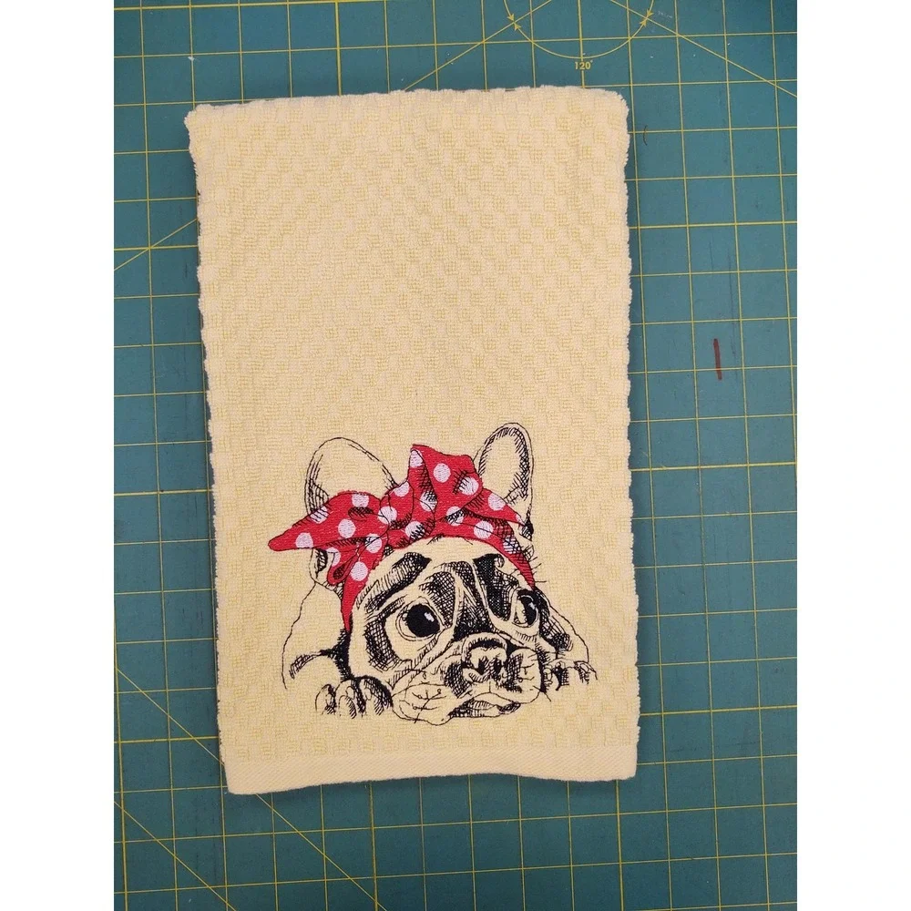 FRENCH BULLDOG With Headband Kitchen Bath Hand Bar Towel Yellow Great Gift!
